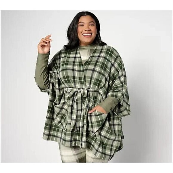 Cuddl Duds Fleece with Stretch Belted Blanket Wrap Green Plaid Size 1X A625848 - Picture 1 of 1